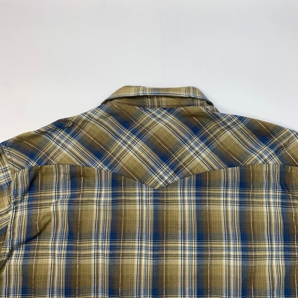 Wrangler Shirt Mens 2XL Beige Blue Plaid Rustler Pearl Snap Button Western Yoke - Picture 7 of 9